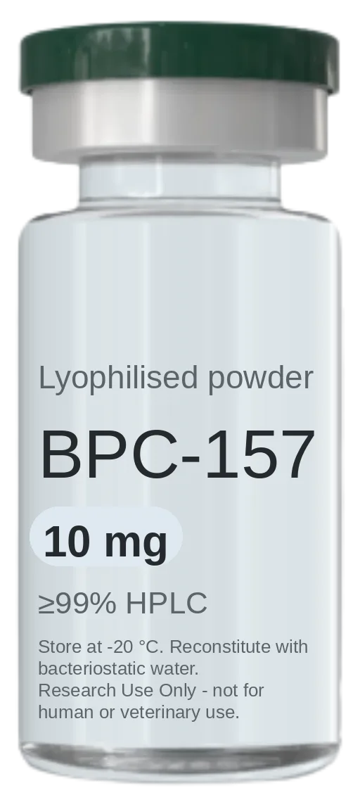 BPC-157 10 mg vial — lyophilised research peptide, ≥99% HPLC, labelled for research use only
