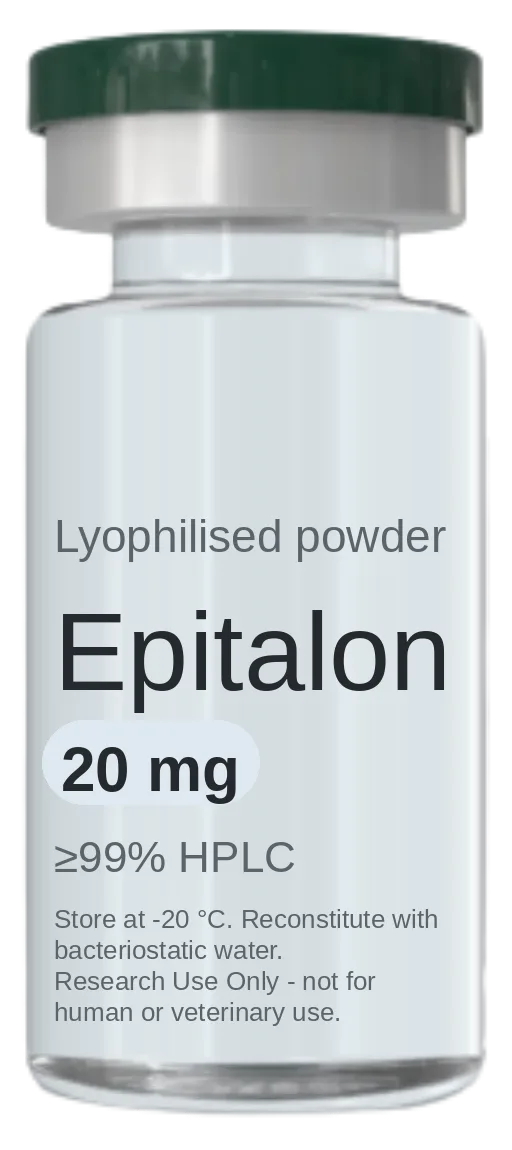 Epitalon 20 mg vial — lyophilised research peptide, ≥99% HPLC, labelled for research use only