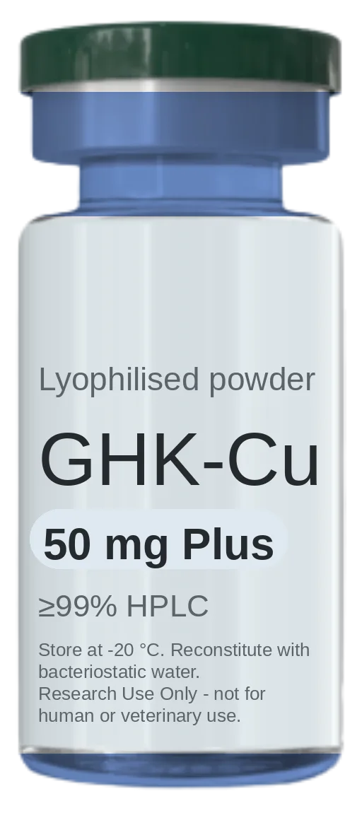 GHK-Cu (Copper Peptide) 50 mg Plus vial — lyophilised research peptide, ≥99% HPLC, labelled for research use only