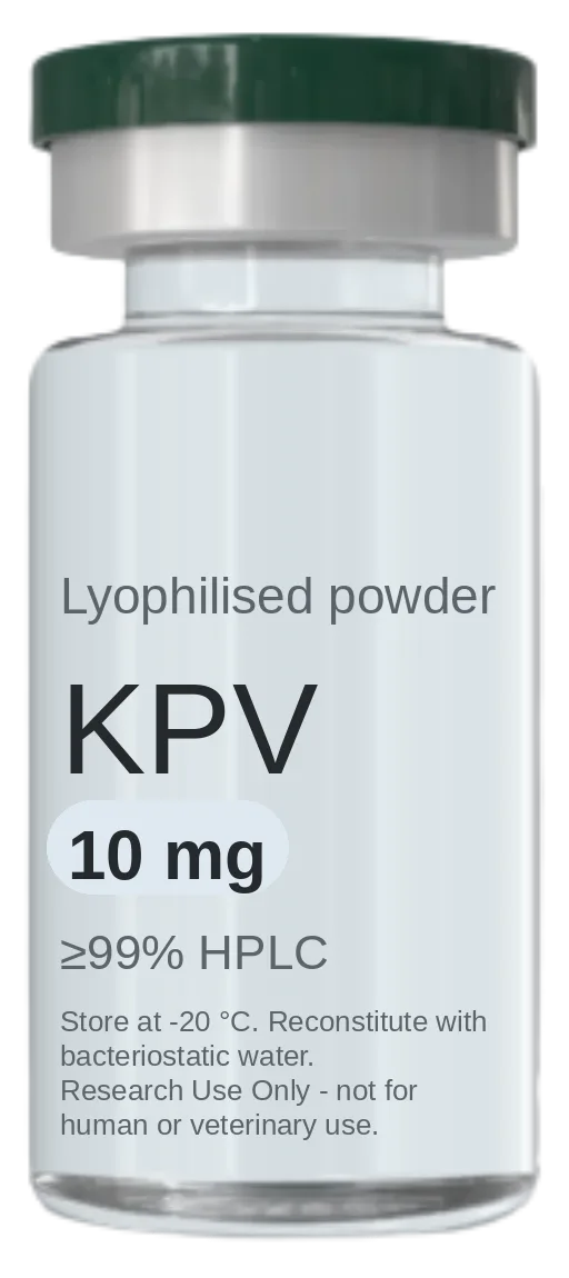 Vial de KPV 10 mg — péptido de investigación liofilizado, ≥99% HPLC, rotulado solo para uso en investigación