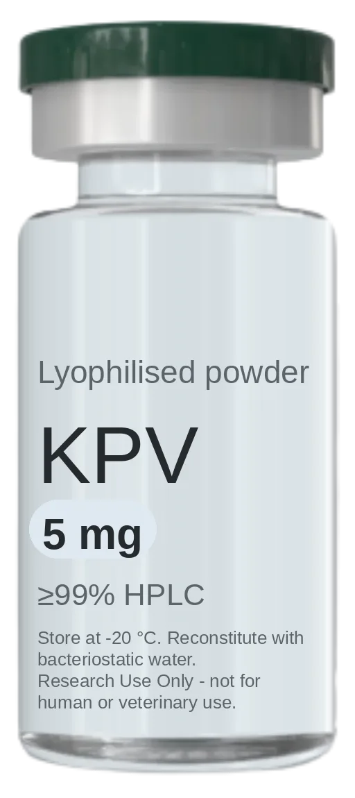KPV 5 mg vial — lyophilised research peptide, ≥99% HPLC, labelled for research use only
