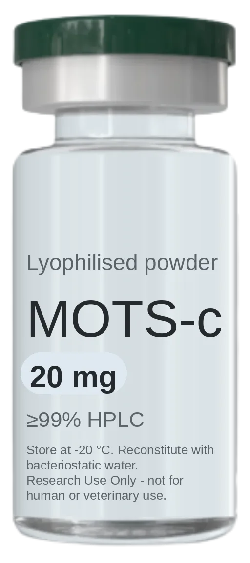 Vial de MOTS-c 20 mg — péptido de investigación liofilizado, ≥99% HPLC, rotulado solo para uso en investigación
