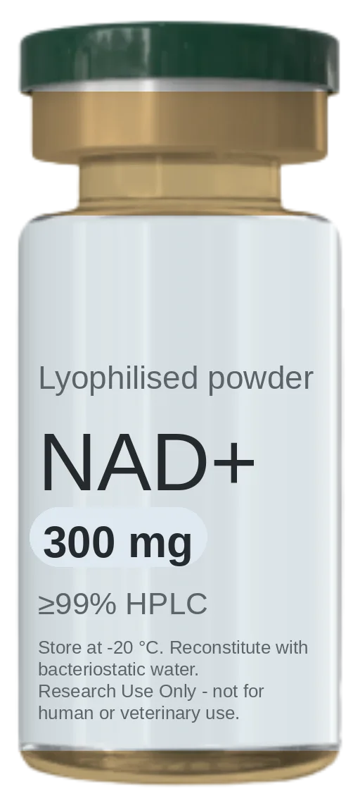 NAD+ (Nicotinamide Adenine Dinucleotide) 300 mg vial — lyophilised research peptide, ≥99% HPLC, labelled for research use only