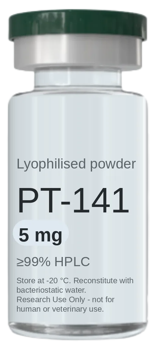 PT-141 (Bremelanotide) 5 mg vial — lyophilised research peptide, ≥99% HPLC, labelled for research use only