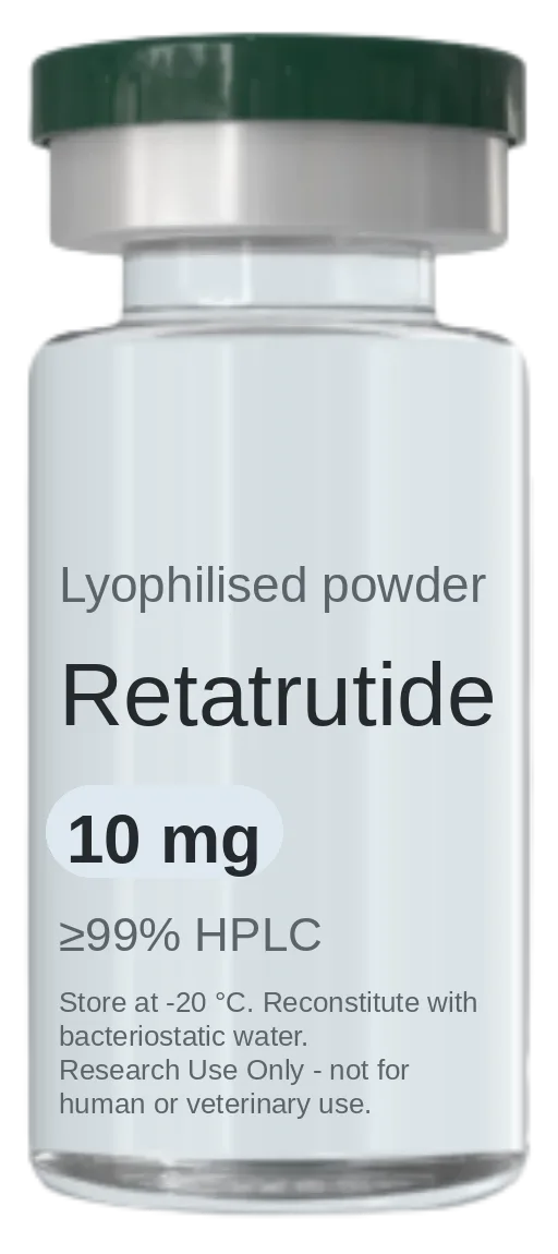 Retatrutide 10 mg vial — lyophilised research peptide, ≥99% HPLC, labelled for research use only