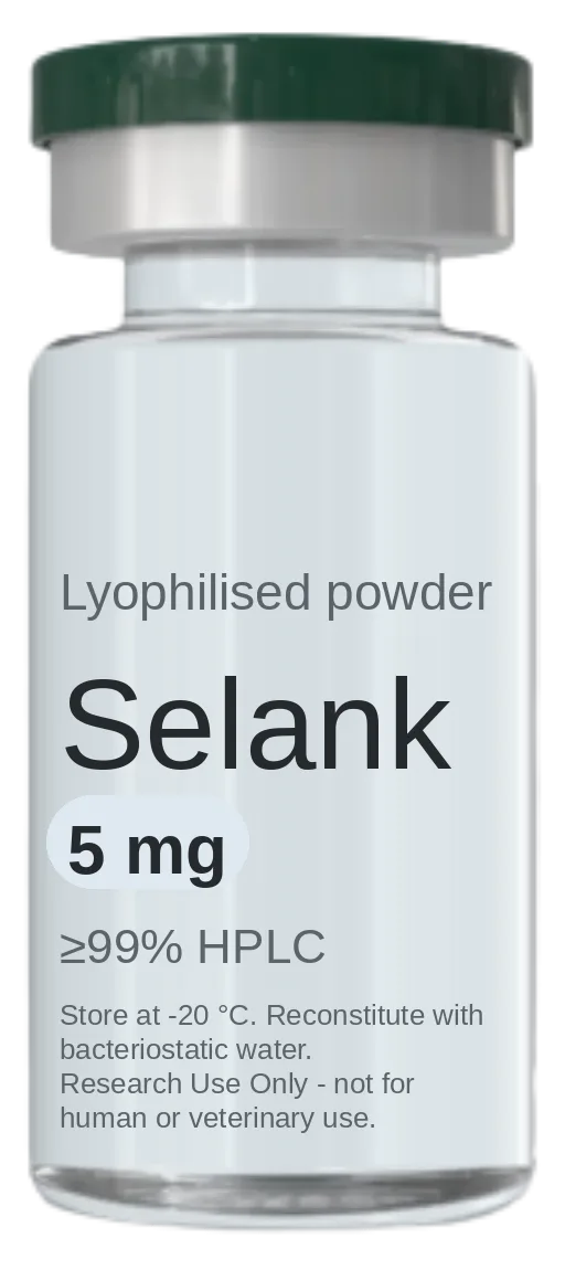 Selank 5 mg vial — lyophilised research peptide, ≥99% HPLC, labelled for research use only