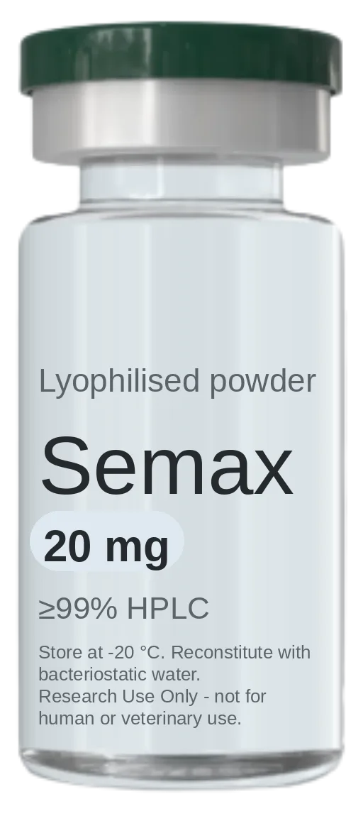 Vial de Semax 20 mg — péptido de investigación liofilizado, ≥99% HPLC, rotulado solo para uso en investigación
