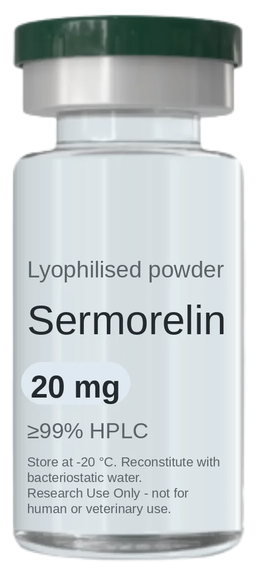 Sermorelin 20 mg vial — lyophilised research peptide, ≥99% HPLC, labelled for research use only