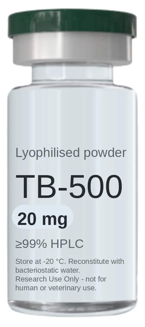 TB-500 (Thymosin Beta-4 fragment) 20 mg vial — lyophilised research peptide, ≥99% HPLC, labelled for research use only
